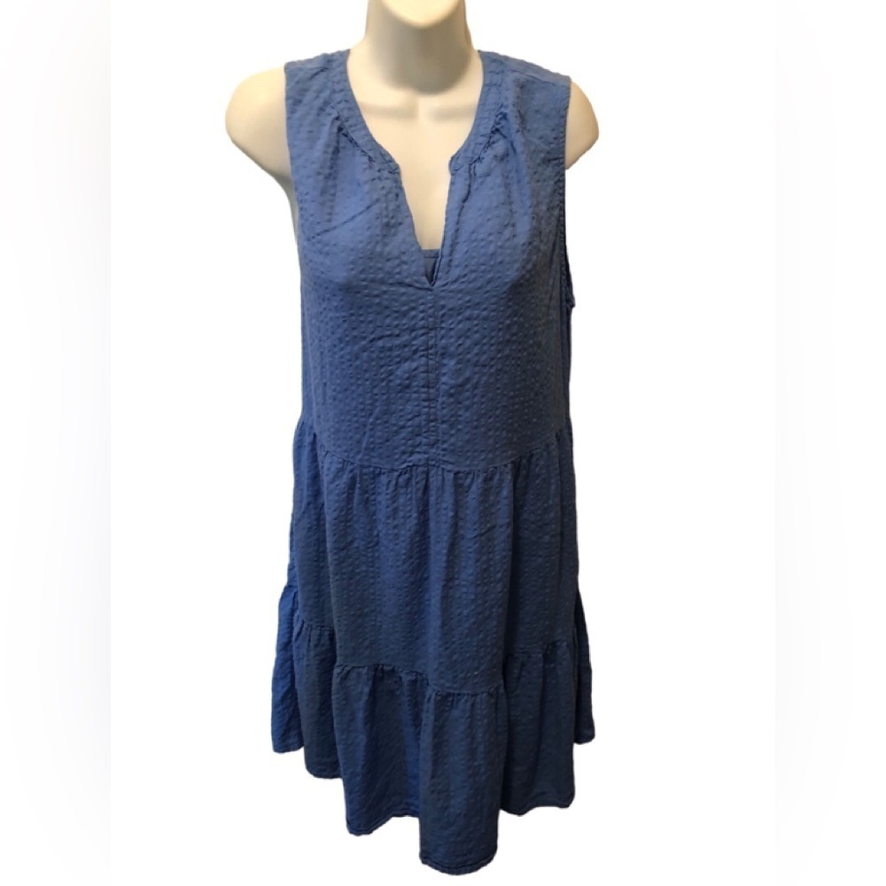 Dylan Reese Dress Sz. M 8/10 Blue Crinkle Cotton Sleeveless Summer Tiered Midi